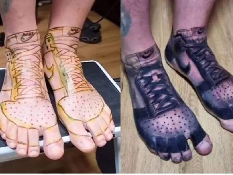 Por cansarse de pagar zapatos, hombre se tatúa tenis Nike
