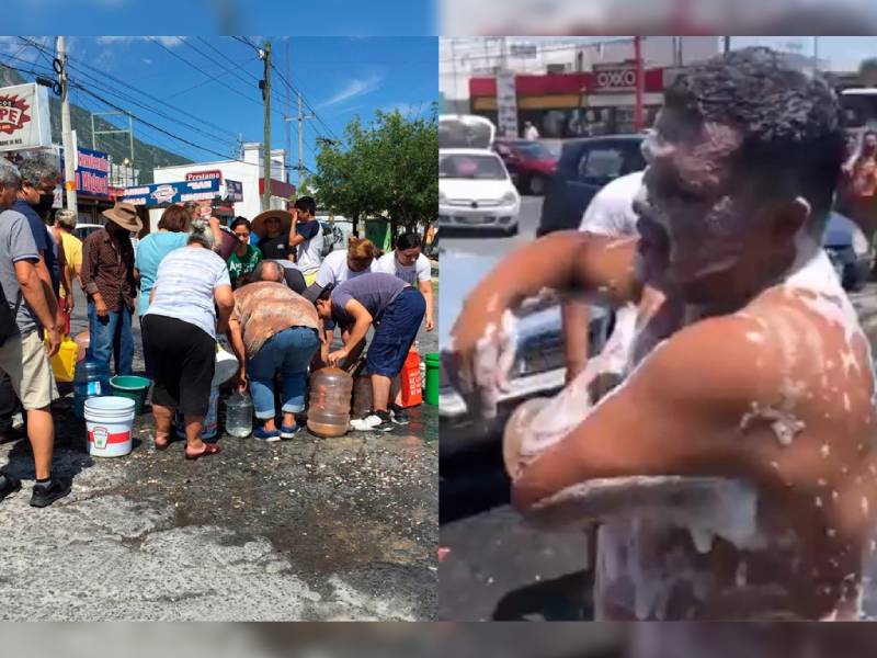 VIDEO. En plena avenida, aprovechan fuga de agua para bañarse en Nuevo León