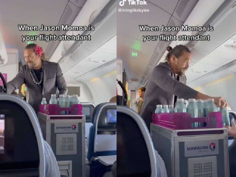 Video: Jason Momoa repartió agua durante vuelo a Hawái; lo llaman «Aguaman»
