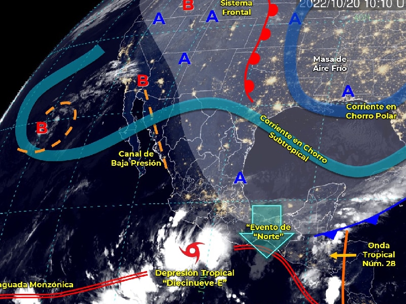 La onda tropical Núm. 28 al sur de la Península de Yucatán, ocasionarán lluvias puntuales intensas