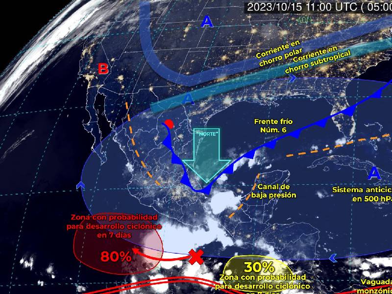 Frente frío Núm.6 se desplaza al sureste de México